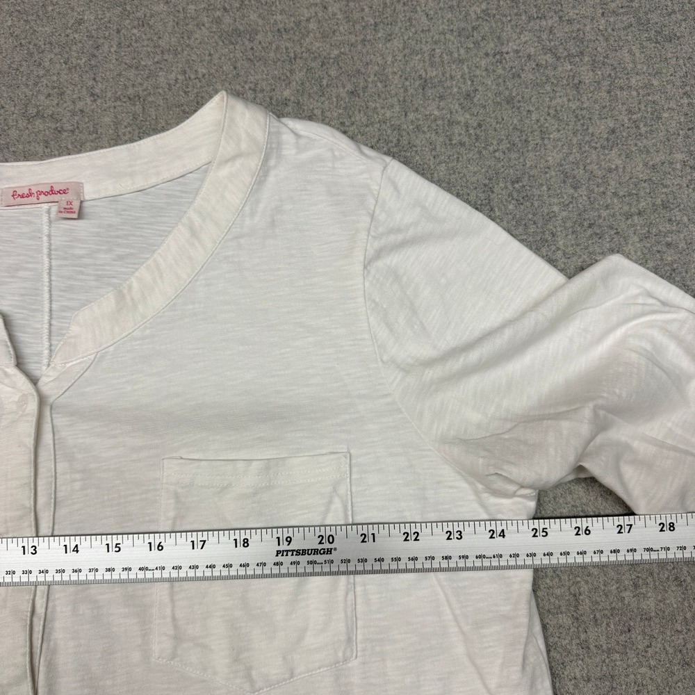 Fresh Produce | Button Up Shirt | 1X | White | Cotton Slub 3/4 Sleeve Pocket Top - Picture 6 of 8